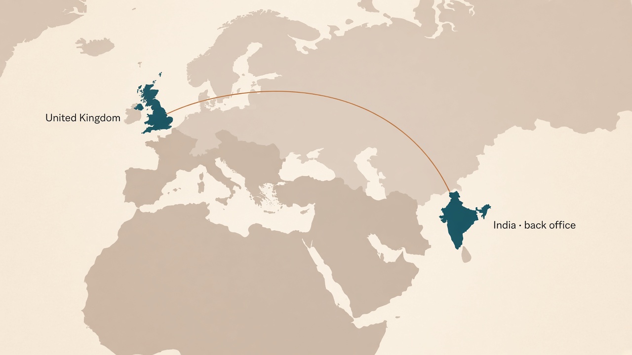 Map with the United Kingdom and India highlighted. India is marked as the back office.